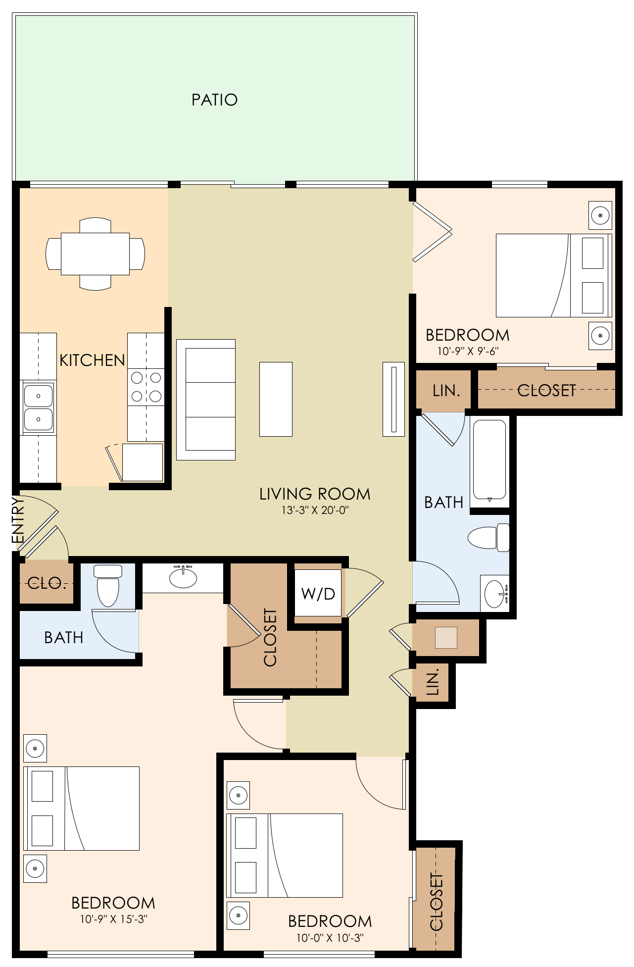 Floor plan for 3 beds, 2 baths, 1204 sqft
